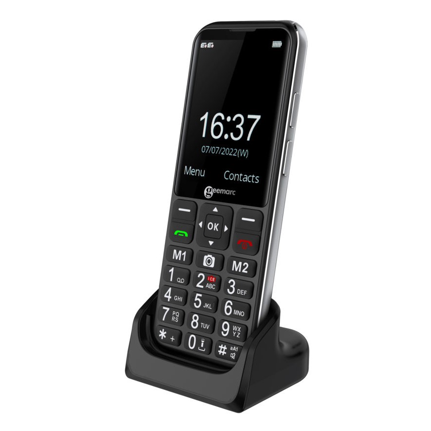 Geemarc CL8500 Clamshell Mobile Phone in its charging dock unit Geemarc CL8600 Mobile Phone in its charging dock unit