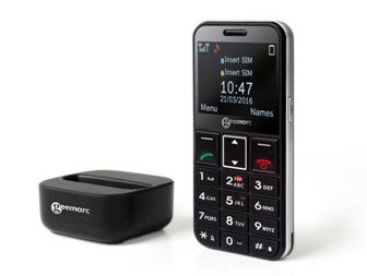 The Geemarc CL8360 Amplified Big Button Mobile Phone includes a desktop charging cradle Geemarc CL8360 Amplified Big Button Mobile Phone