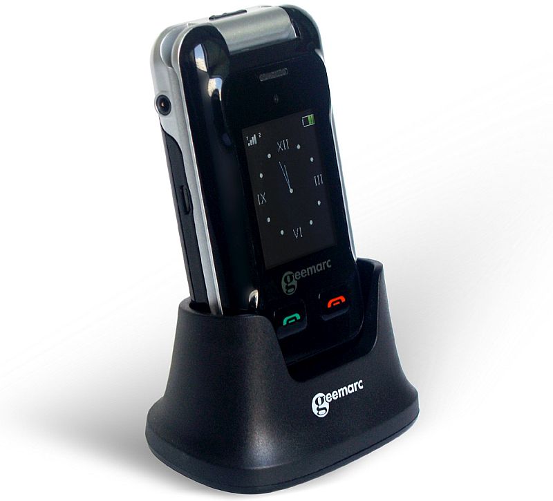 Geemarc CL8500 Clamshell Mobile Phone in its charging dock unit Geemarc CL8500 Clamshell Mobile Phone in its charging dock unit
